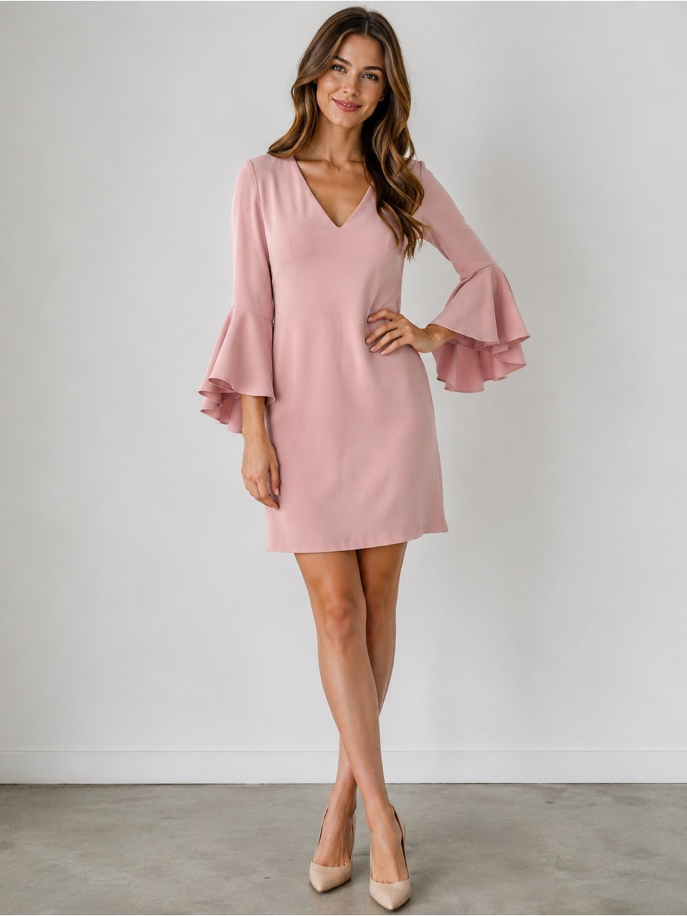 Eliza J Blush Pink Bell Sleeve Crepe Shift Dress V-Neck Size 6
